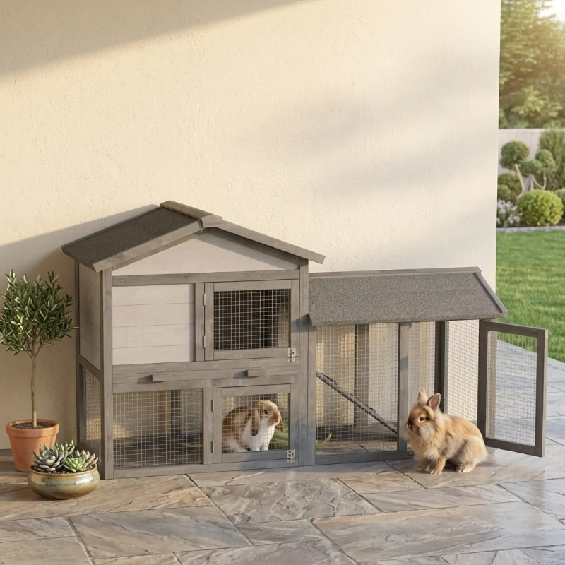 PawHut 58" Large Rabbit Hutch Outdoor Indoor, Wooden Bunny Hutch, Guinea Pig Cage with Run, Removable Tray, Asphalt Roof, Lockable Doors and Ramp, for 1-2 Small Rabbits, Chickens, Ducks, Dark Gray