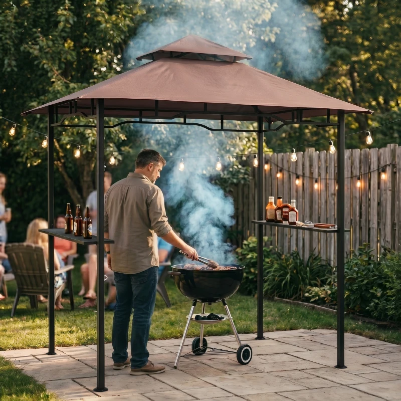 Outsunny 8' x 5' Grill Gazebo with Double Roof, Outdoor BBQ Canopy Gazebo with 2 Side Shelves for Patio Yard Garden Coffee