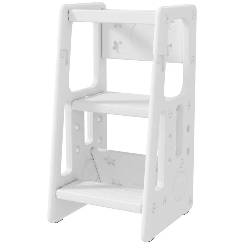Qaba Toddler Kitchen Helper 2 Step Stool with Adjustable Height Platform and Safety Rail, White