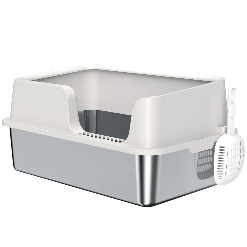 PawHut Stainless Steel Cat Litter Box with Lid with Scoop, High Sided, Non-Stick, & Anti-Urine Leakage, Easy Cleaning