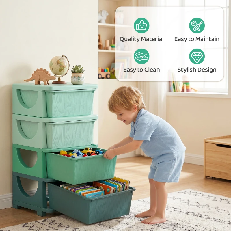 Qaba 4 Tier Kids Storage Unit, Toy Organizers and Storage with 4 Drawer for Bedroom Nursery Living Room for Boys Girls Green