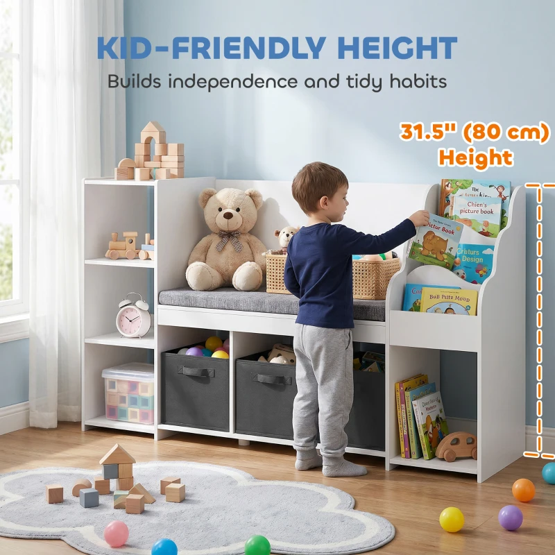 Qaba Kids Storage Shelf with Reading Nook, Toy Storage Organizer with Seat Cushion, 3 Fabric Drawers for Playroom, Nursery