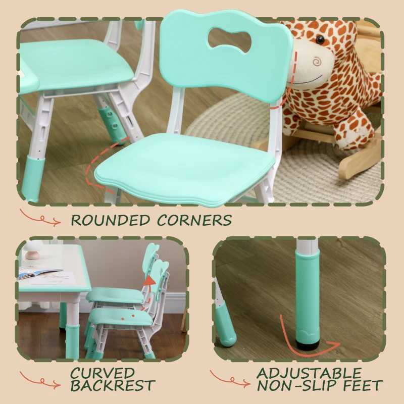 Qaba 5 Pieces Kids Table and Chairs, Height Adjustable Toddler Table and Chair Set with Storage, Easy to Wipe, Rectangular Table 4 Chairs for Classroom, for Daycare Classroom, 18 Months-5 Years, Green
