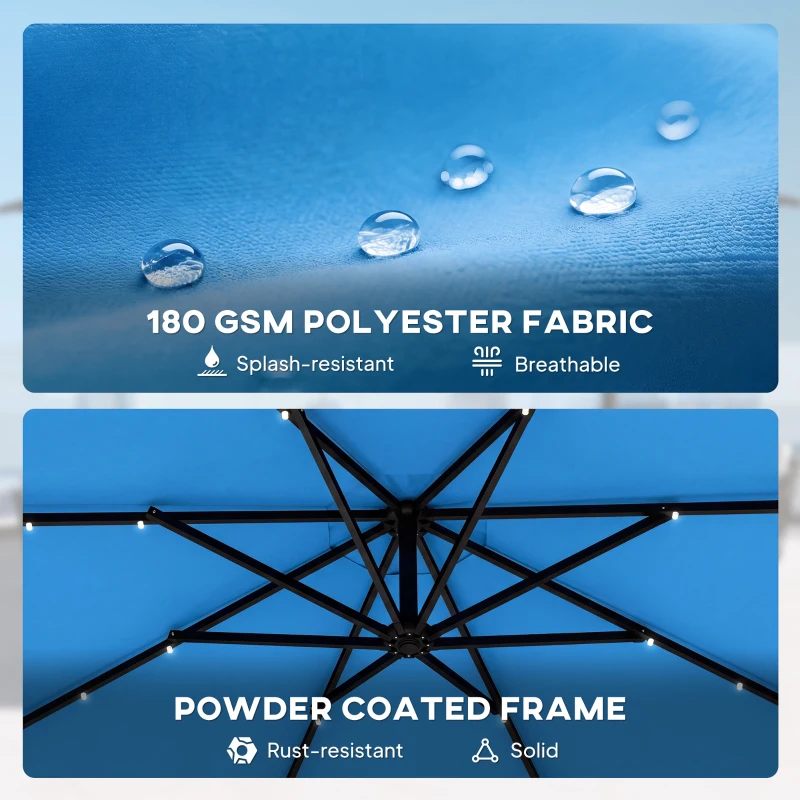 Outsunny 10 ft Cantilever Patio Umbrella with Light, Weight, Offset Hanging Outdoor Umbrella with Protective Cover, Lake Blue