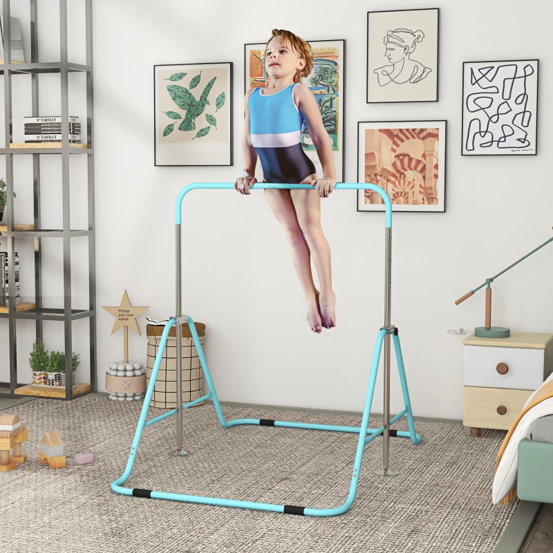 Qaba Folding Gymnastics Bar for Kids, Adjustable Height, Green
