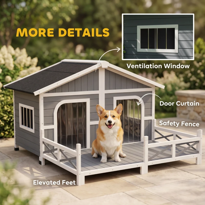 PawHut Dog House Outdoor, Wooden Dog Kennel Weatherproof with Porch, Openable Roof, Removable Bottom, Elevated Floor, Double Room for 2 Small to Medium Breeds, Gray