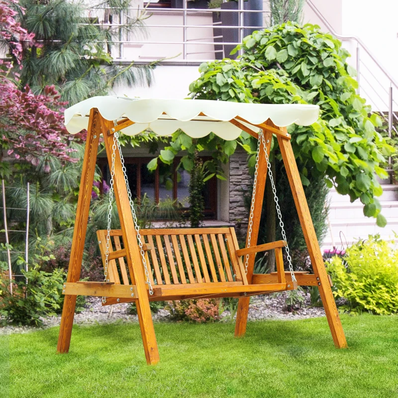 Outsunny 65" Patio Swing Chair with Canopy Outdoor Wooden Swing Bench Hammock for Garden, Poolside, Backyard