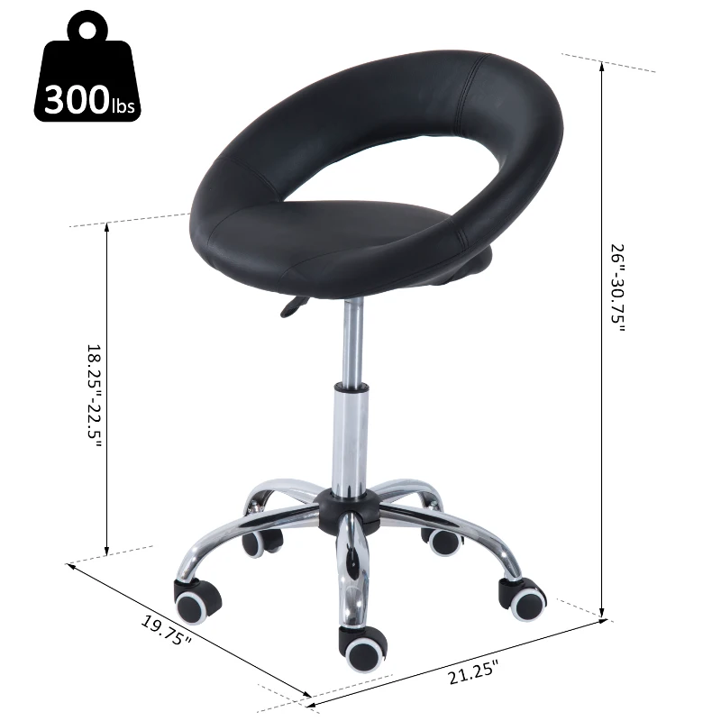 HOMCOM Crescent Rolling Salon Stool with Adjustable Height, Breathable Open Back, Foam Cushion Seat, and 5 Caster Wheels, Black