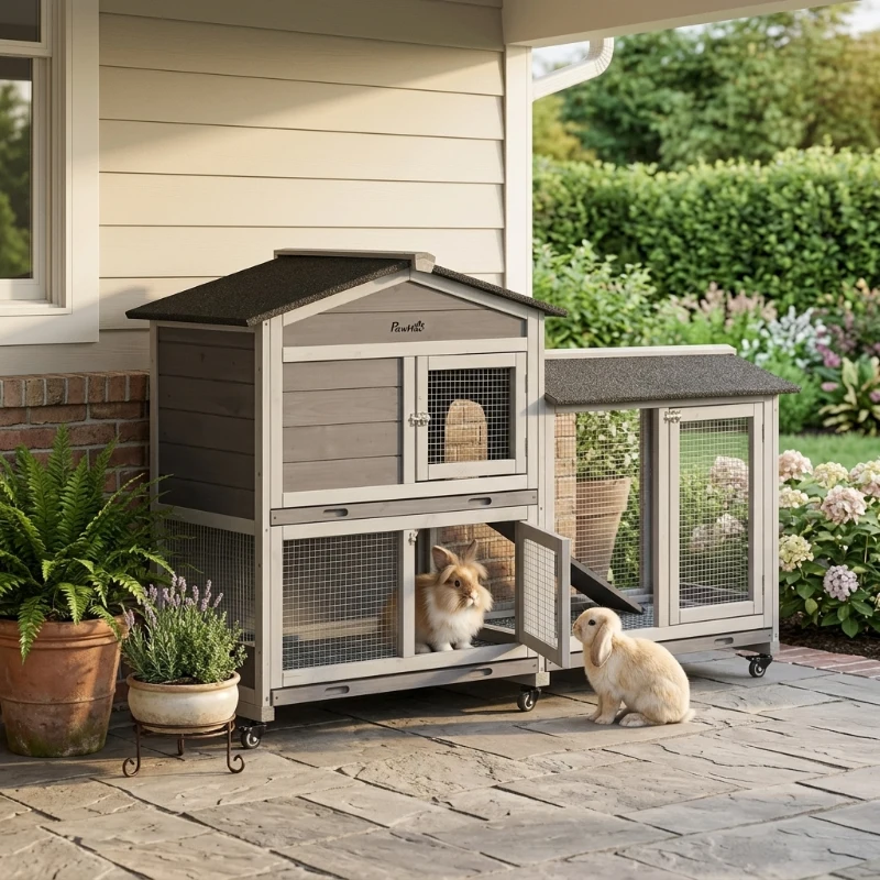 PawHut 62" Wooden Mobile Rabbit Hutch with Wheels, Run Box, Slide-out Tray, Ramp