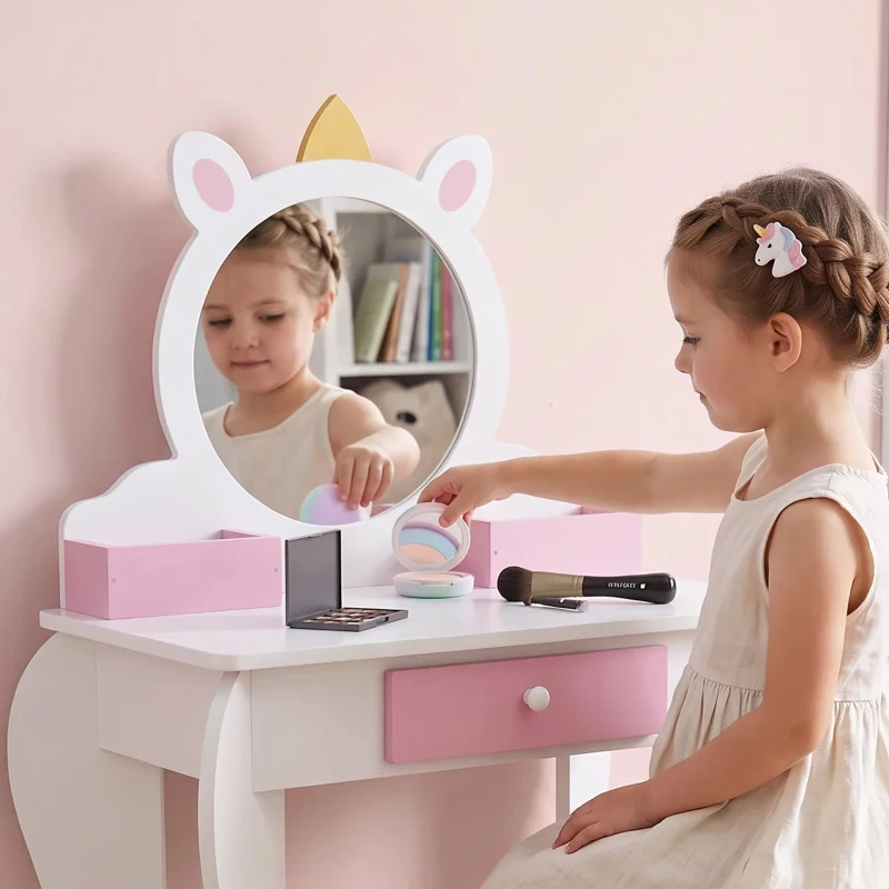 Qaba Kids Makeup Vanity Set with Stool, Mirror, Drawer, Storage Boxes, Unicorn Design, White