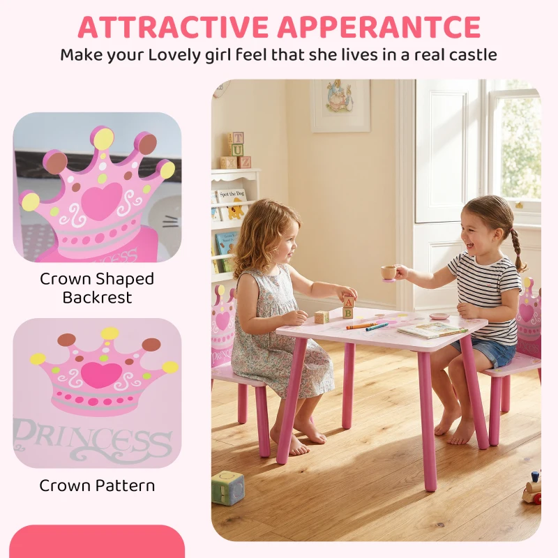 Qaba 3-Piece Set Kids Wooden Table Chair with Crown Pattern Easy to Clean Gift for Girls Toddlers Age 2-4 Years Old Pink