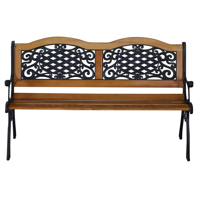 Outsunny 50" Outdoor Garden Bench, Park Patio Bench Loveseat, Wood & Metal Frame with Plastic Flourish Backrest, Natural Wood