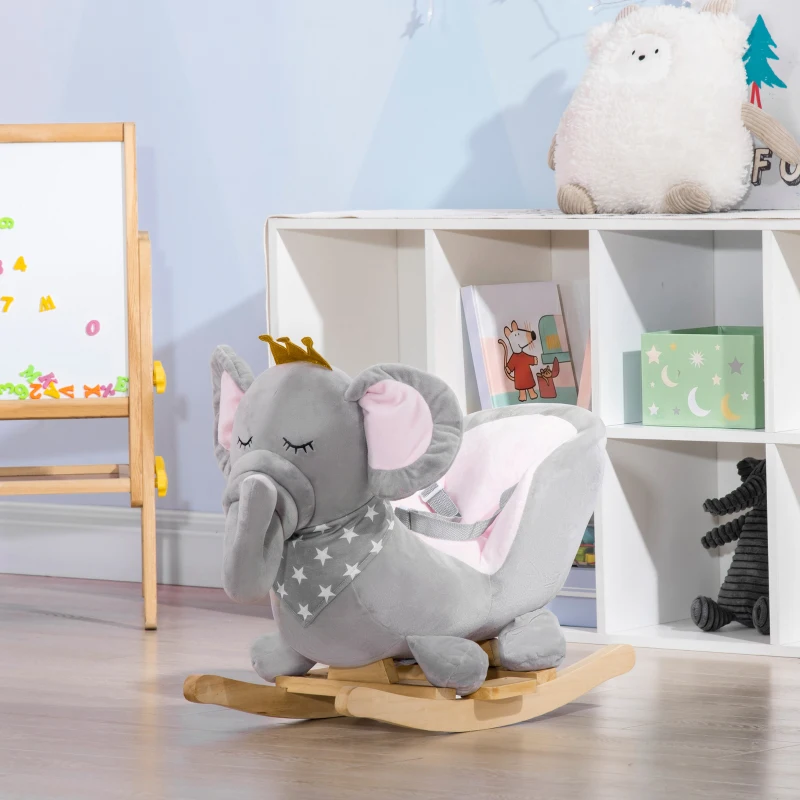 Qaba Baby Rocking Horse Elephant Rocking Chair Toddler Rocker Toy with Sound Wooden Base Seat for 1.5-3 Year Old, Gray