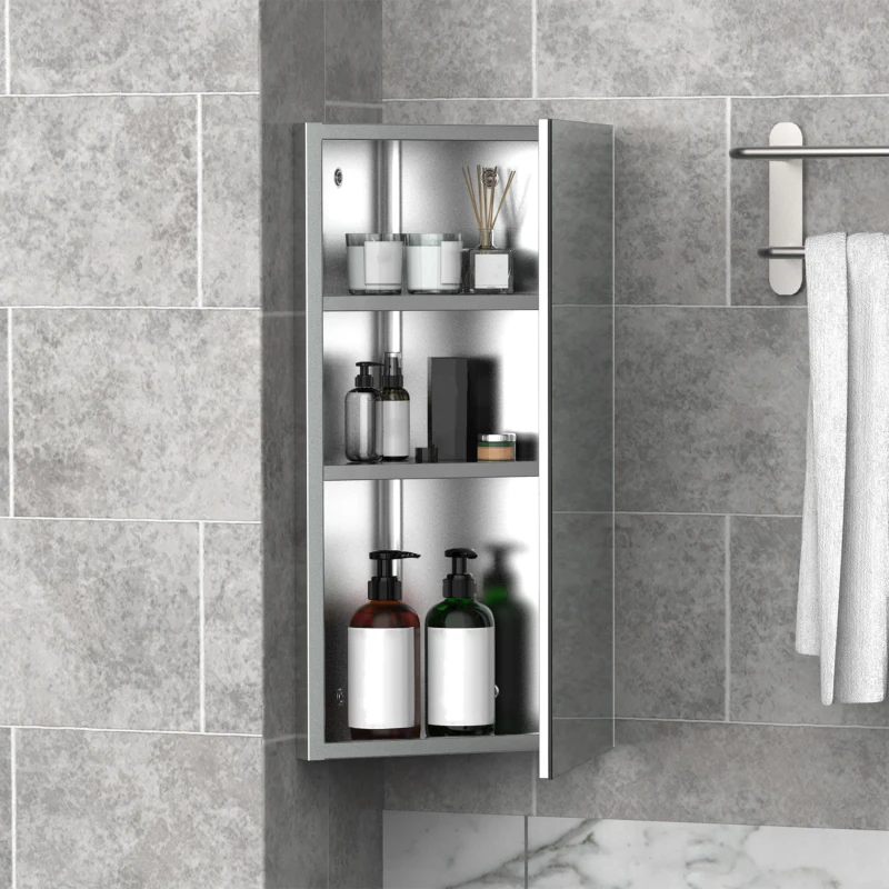 HOMCOM Wall mounted Bathroom Corner Mirror Storage Cabinet Stainless Steel with Single Door