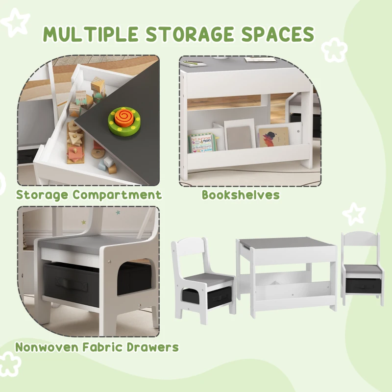 Qaba 3 Piece Kids Table and Chair Set with Reversible Tabletop, Blackboard, Storage, Bookshelf, for Playroom, Nursery, Grey