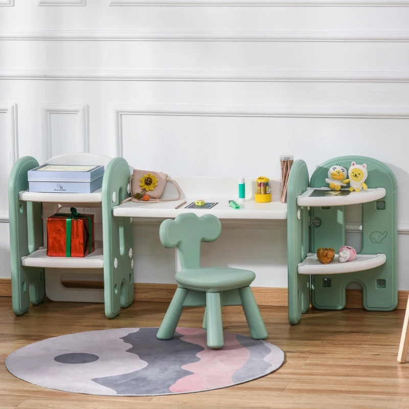 Qaba Kids Table and Chair Set, Activity Desk with Bookshelf & Storage for Study, Activities, Arts, or Crafts, Green and White