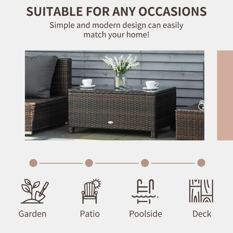 Outsunny Rattan Wicker Coffee Table with Glass Top Outdoor Garden Patio Furniture Brown Tempered