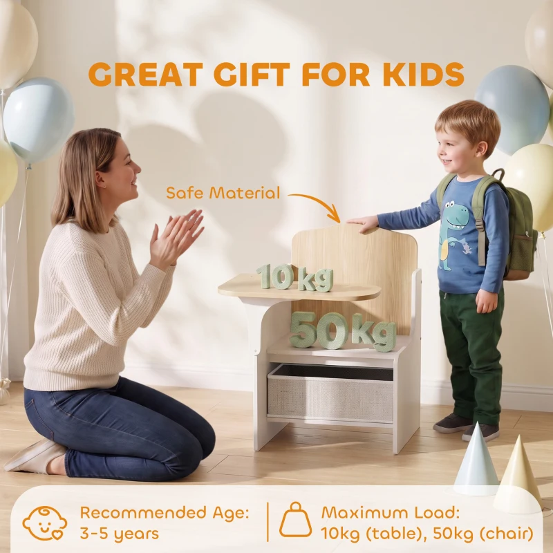 Qaba Kids Table and Chair Set, Children Desk and Chair with Storage Bin for Playing, Reading, Painting, for Ages 3-5, White