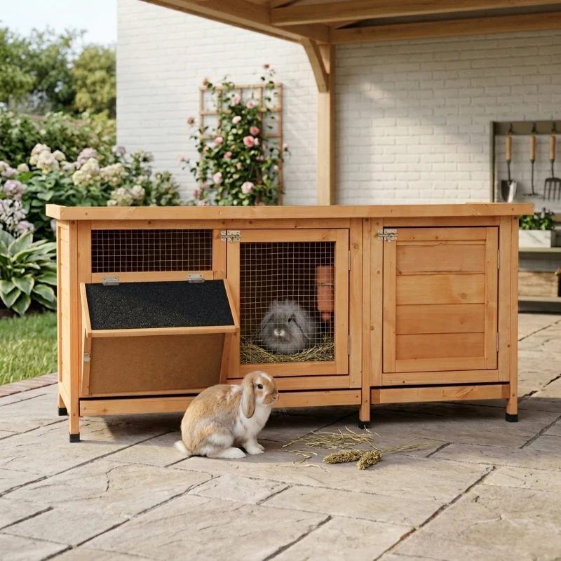 PawHut Large Bunny Hutch, Rabbit Cage with 2 Outside Areas and 1 Main House for Small Animals, Yellow