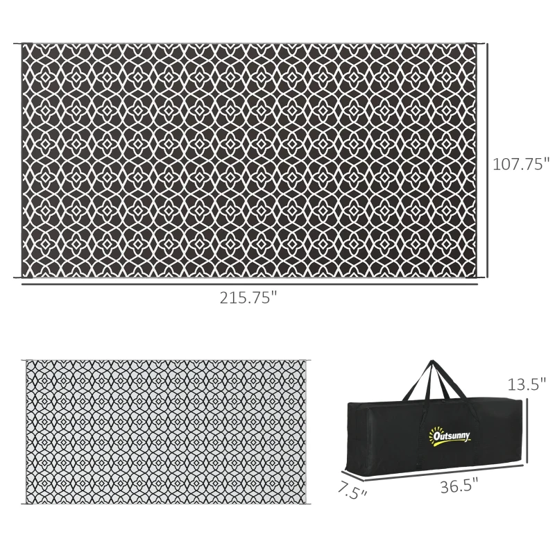 Outsunny Reversible Outdoor Rug Carpet RV Camping Rugs with Carry Bag, 9' x 18', Black & White Clover