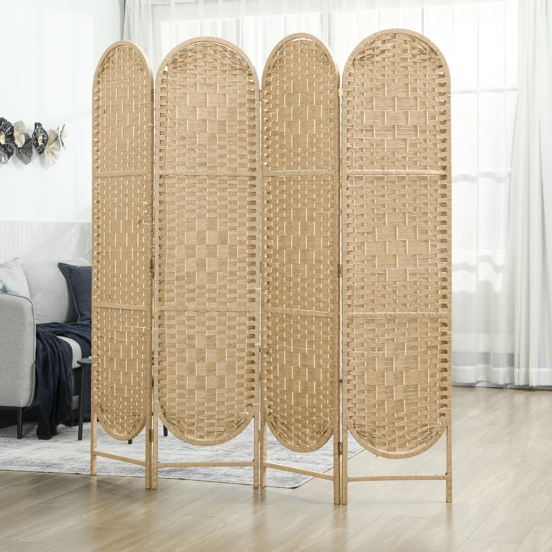 HOMCOM Bohemian Privacy Screen, Folding Room Divider with 4 Panels and Arched Top for Bedroom Living Room Office, Natural Wood