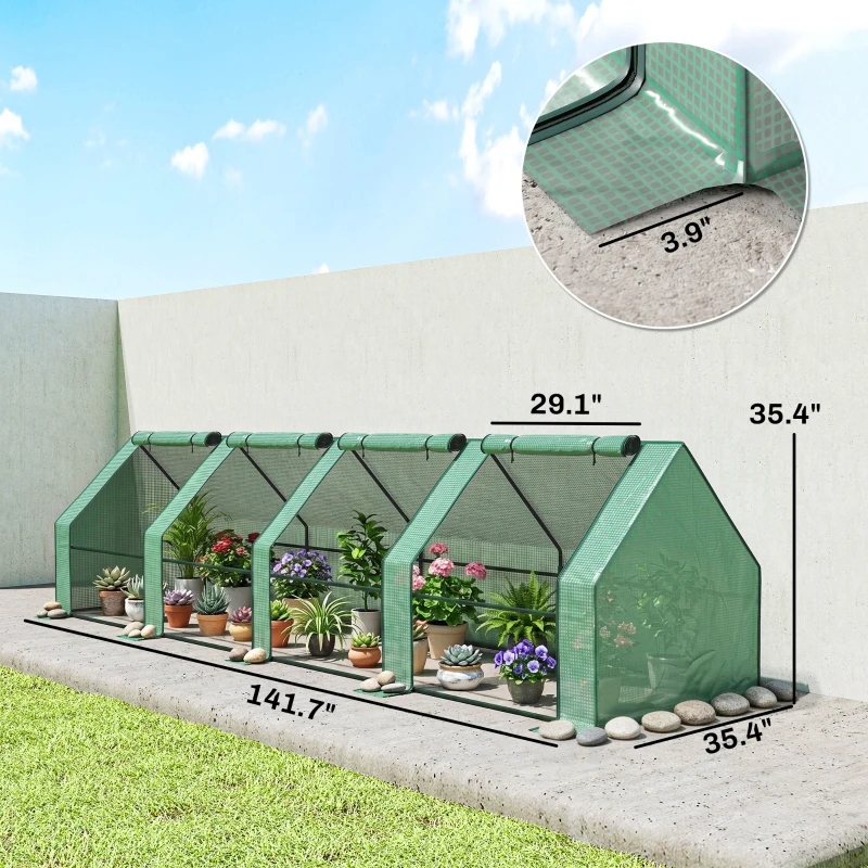 Outsunny Portable Mini Greenhouse, Outdoor Garden with Large Zipper Doors and Water/UV PE Cover, 12' x 3' x 3', Green