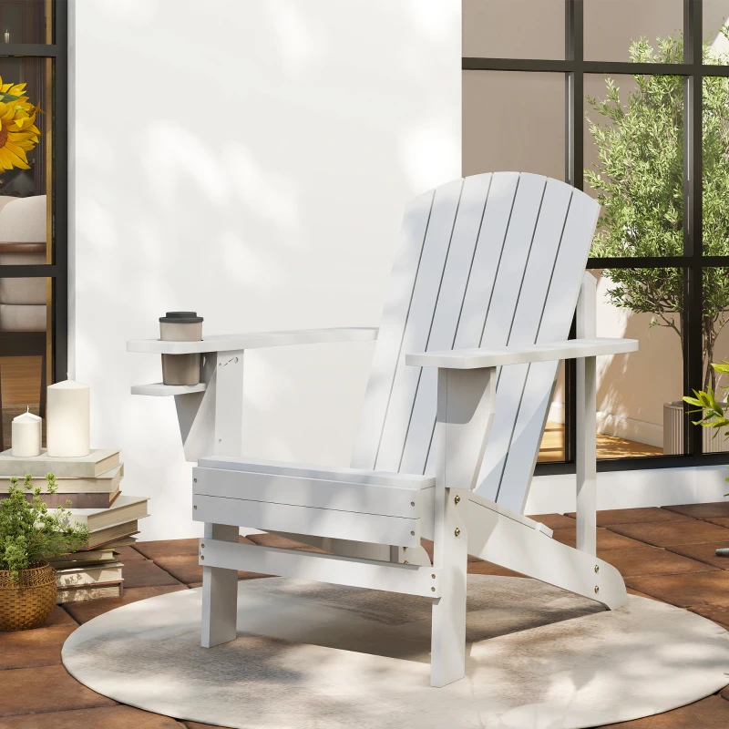 Outsunny Oversized Adirondack Chair, Outdoor Fire Pit and Porch Seating, Classic Log Lounge w/ Built-in Cupholder, White