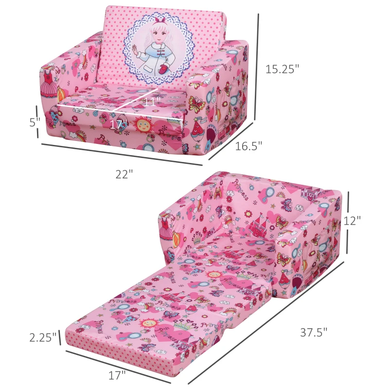 Qaba Kids Fold-Out Couch/Chair Lounger with Princess-Themed Washable Fabric & Removable Cushion for 3-6 Years Old, Pink