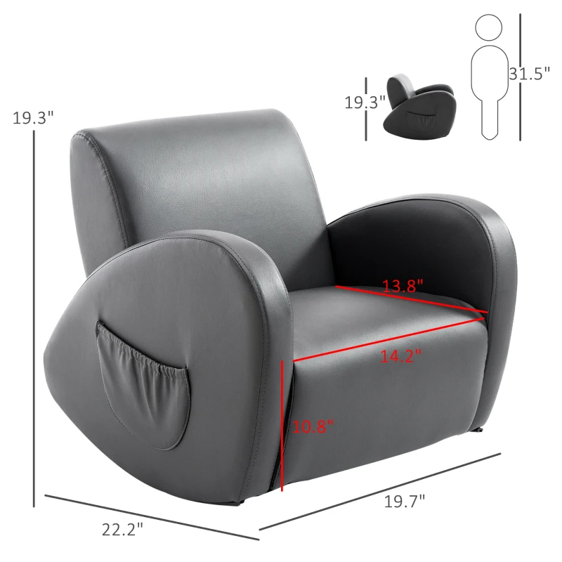 Qaba Kids Sofa Rocking Chair with Side Pocket, PU Leather Toddler Armchair for Children Grey