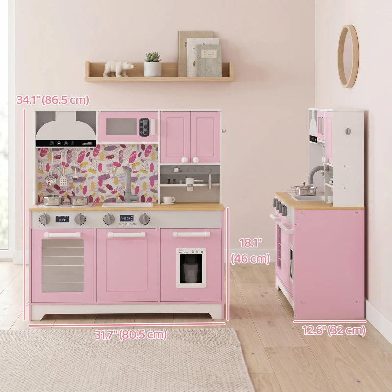 Qaba Play Kitchen, Kids Kitchen Playset with Coffee Maker, Ice Maker, Clicking Knobs, Storage, Accessories for 3-8 Years