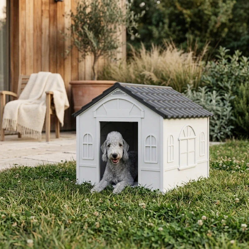 PawHut Pet House Water Resistant Puppy Shelter with Door for Indoor Outdoor, Easy to Assemble, for Small/Medium Dogs, Gray