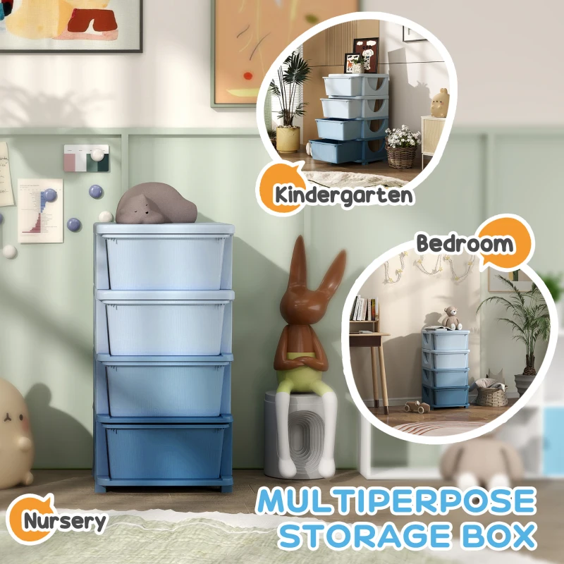 Qaba 4 Tier Kids Toy Organizer and Storage Bins with 4 Plastic Drawers, Blue