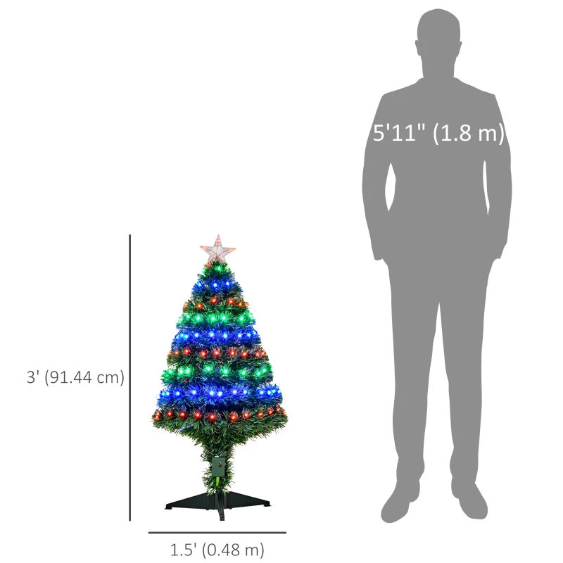 HOMCOM 3FT Pre-lit LED Optical Fiber Christmas Tree Artificial Holiday Decor with Stand