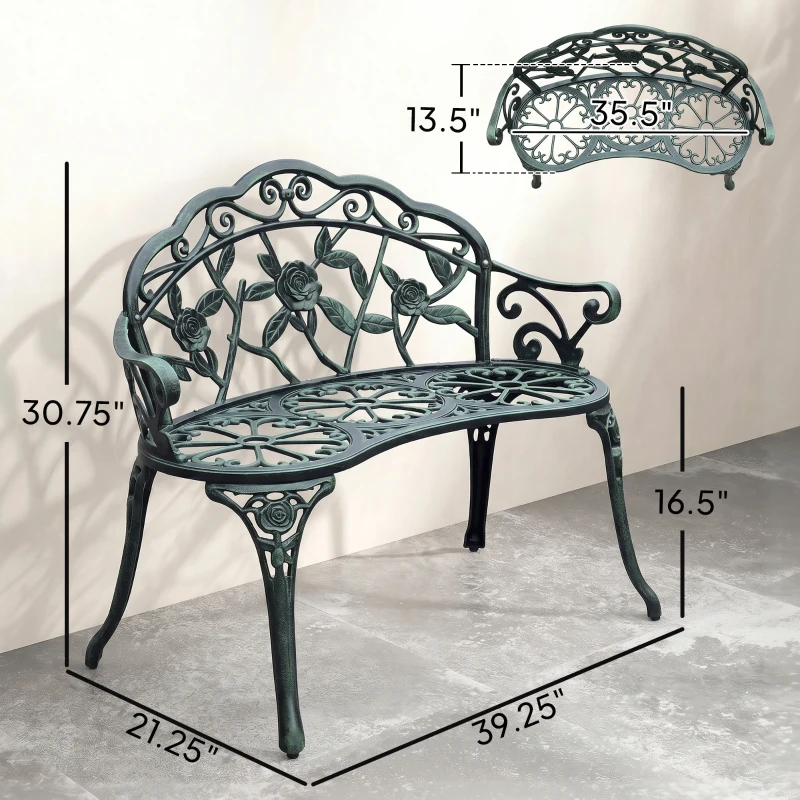 Outsunny Outdoor Bench, Cast Aluminum Outdoor Furniture, Metal Bench with Floral Rose Accent & Antique Finish, Green