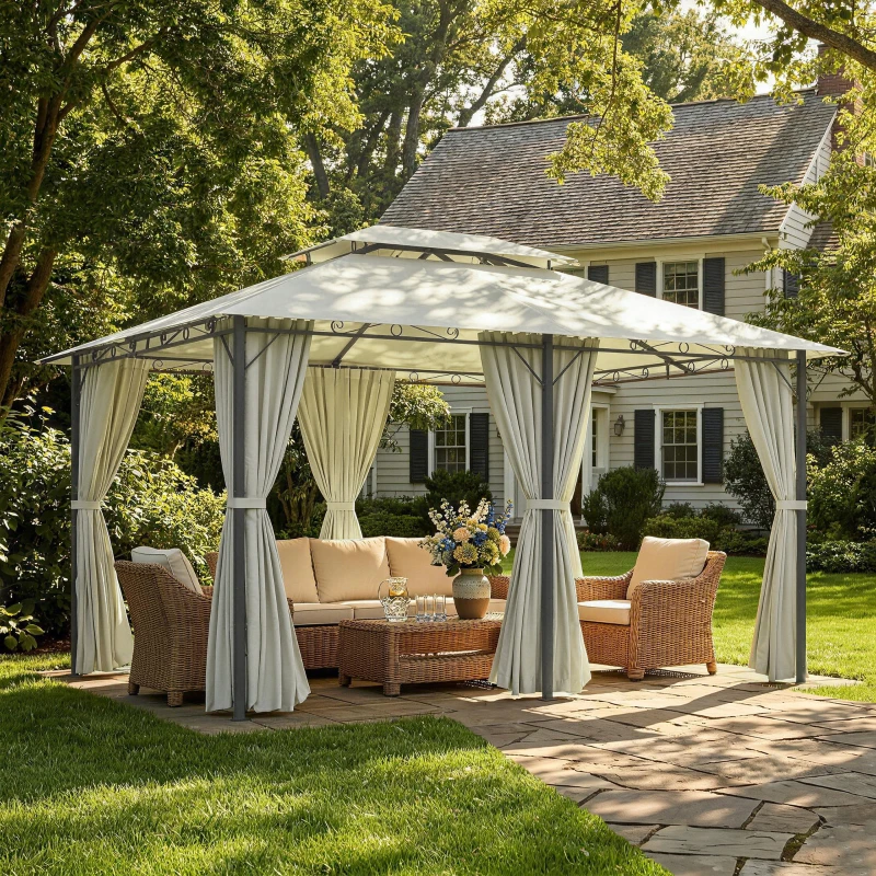 Outsunny 10' x 13' Patio Gazebo, Outdoor Gazebo Canopy Shelter with Curtains, Vented Roof, Steel Frame for Garden, Lawn, Backyard and Deck, Cream White