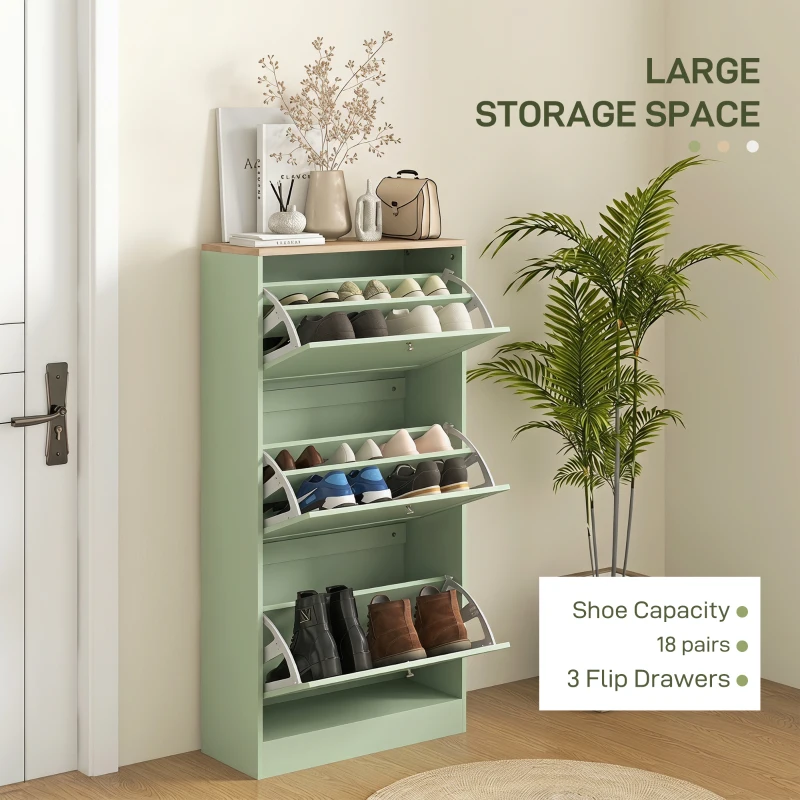 HOMCOM Modern Shoe Storage Cabinet with 3 Flip Drawers and Adjustable Shelves for 12-18 Pairs of Shoes, Green