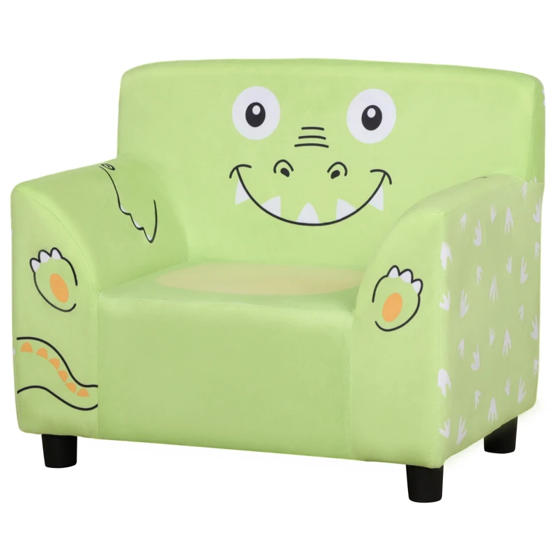 Qaba Kids Sofa, Armrest Chair for Preschool, Toddler Couch for Kids Room, Kindergarten with Cute Animal Print, Super-soft Velvet, Eucalyptus Wood, Green