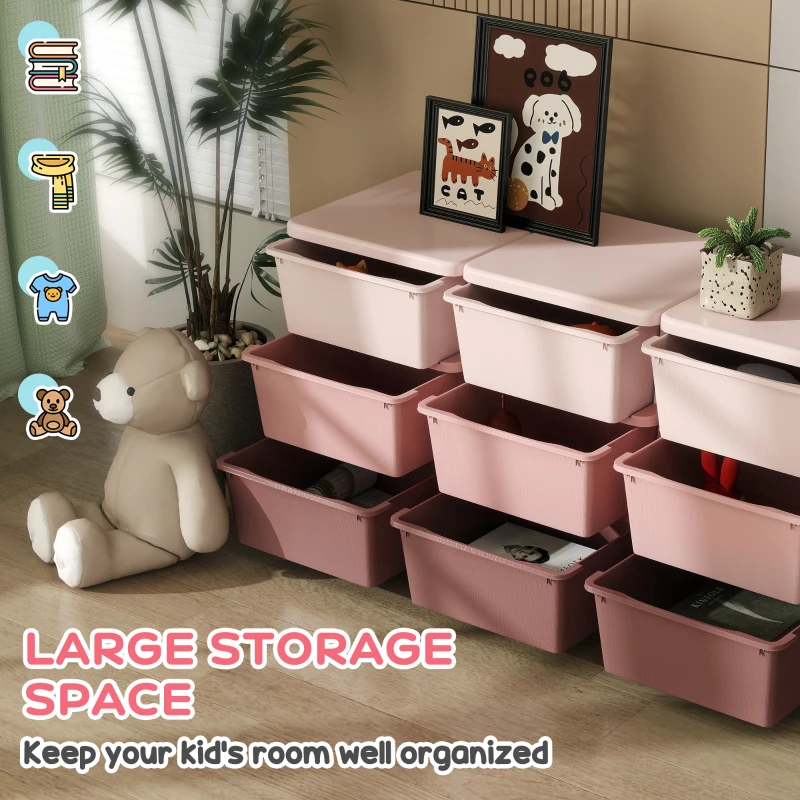 Qaba 3 Tier Kids Toy Organizer and Storage Bins with 9 Plastic Drawers, Pink