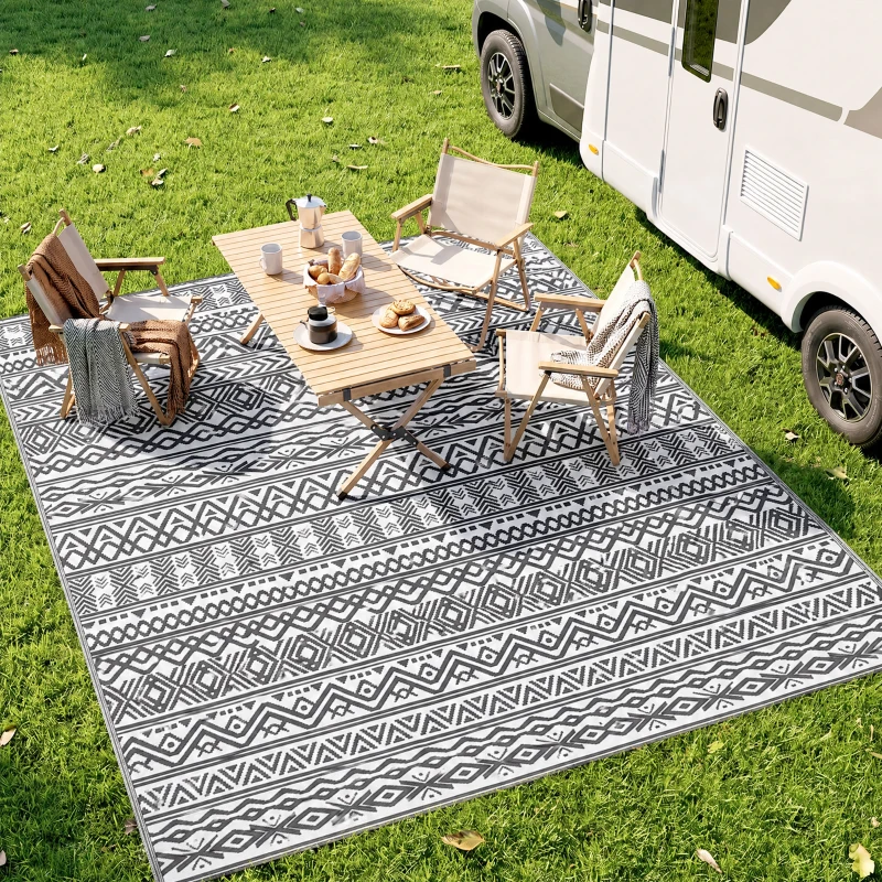 Outsunny Reversible Outdoor Rug Carpet RV Camping Rugs with Carry Bag, 8' x 10', Gray & Cream White Boho