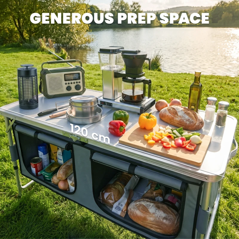 Outsunny Outdoor Aluminum Folding Picnic Table Height Adjustable with Storage Organizer BBQ Camping