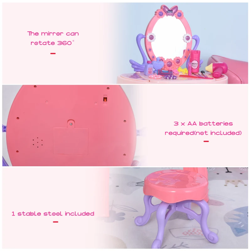 Qaba Kids Vanity Table and Stool Beauty Pretend Play Set with Mirror Lights Sounds & Pretend Beauty Makeup Accessories for Girls 3+ Years Old Pink