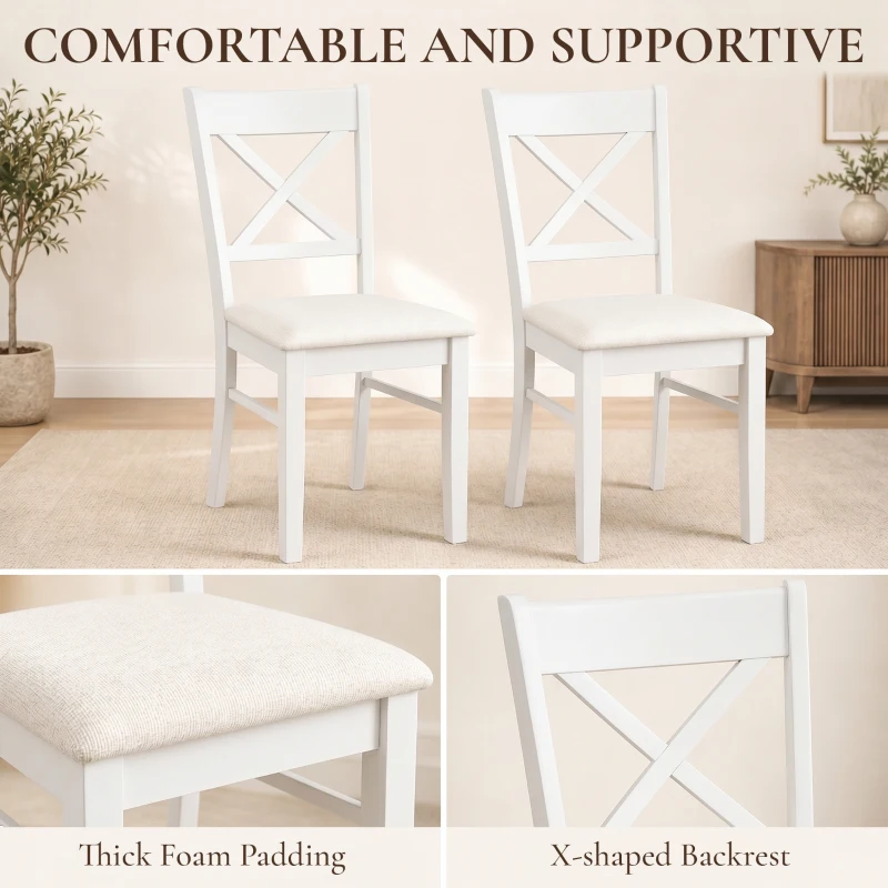 HOMCOM Dining Chairs Set of 2, Upholstered Kitchen Chairs with Rubberwood Frame, Padded Seat and X-Back, White