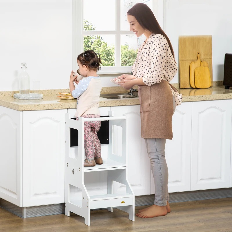 Qaba 2-in-1 Kids Kitchen Helper Step Stool, Detachable Toddler Table and Chair Set, Children Standing Tower for Kitchen Counter with Safety Rail Chalkboard, White