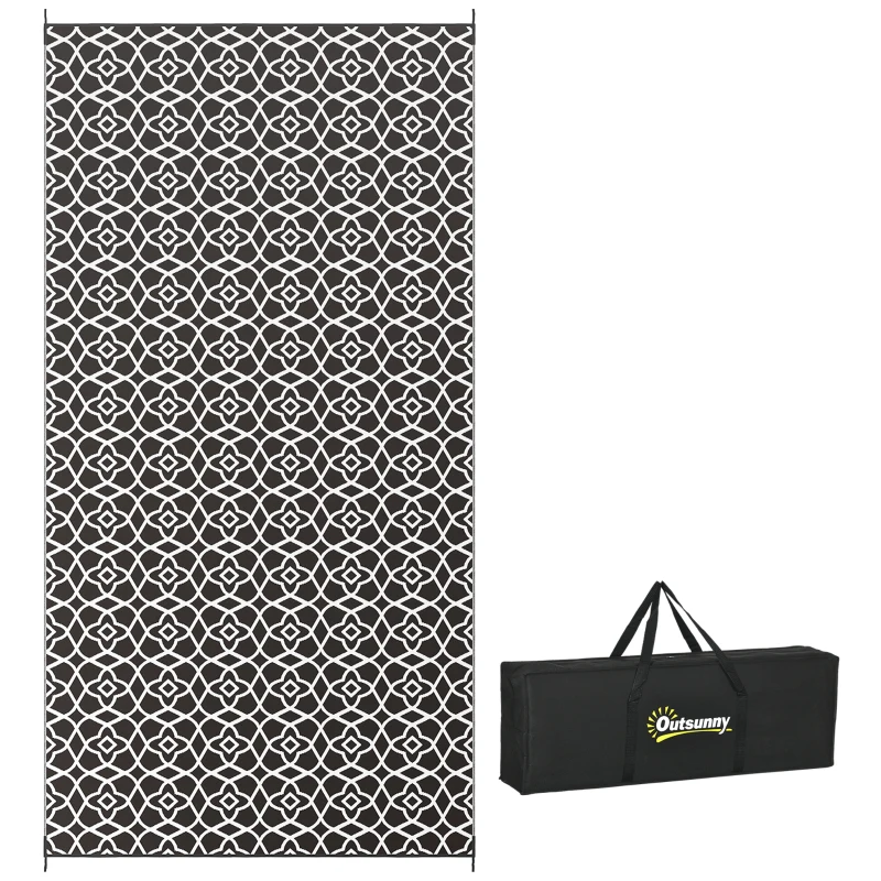 Outsunny Reversible Outdoor Rug, Waterproof Plastic Straw RV Rug with Carry Bag, 9' x 18', Black and White Clover