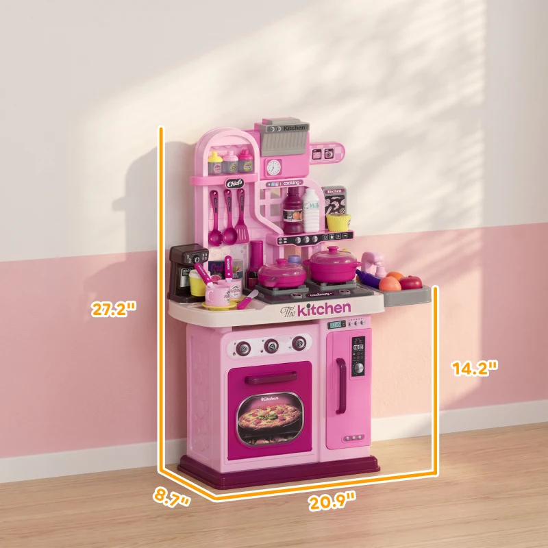 Qaba Kids Play Kitchen with Lights, Sounds, 33 Accessories & Storage for Toddler 3-6 Years