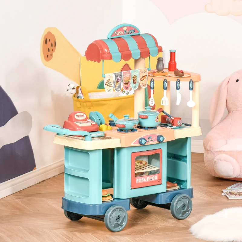 Qaba 50 Pcs Kids Grocery Store Playset Cash Register Toy with Shopping Cart, Pretend Playset Multi-Functional Kitchen Supermarket Gift for Boys Girls Age 3 4 5 6