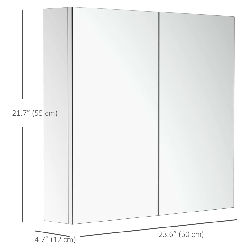 HOMCOM Wall Mounted Mirror Cabinet, Bathroom Medicine Cabinet with Mirror, 2 Doors and 3-tier Shelving, Silver