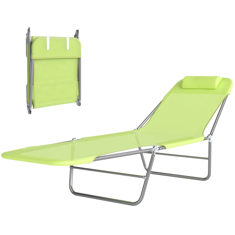 Outsunny Outdoor Lounge Chair, Portable Adjustable Reclining Seat Folding Chaise Lounge Patio Camping Beach Tanning Chair Bed with Pillow, Light Green