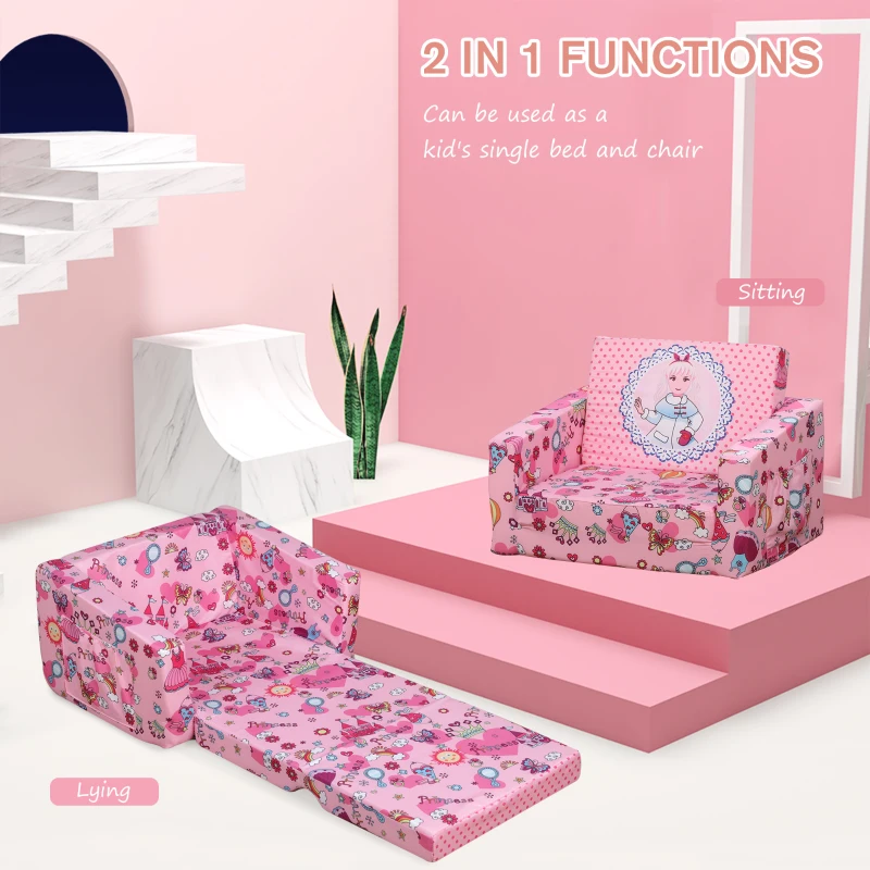 Qaba Kids Fold-Out Couch/Chair Lounger with Princess-Themed Washable Fabric & Removable Cushion for 3-6 Years Old, Pink
