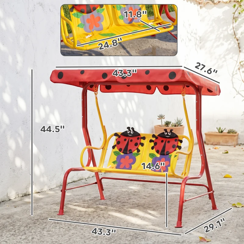 Outsunny Kids Patio Swing, Adjustable Canopy Swing Glider, Kids Outdoor Swing Chair with 2 Seats, Seat-Belted Safety, Red